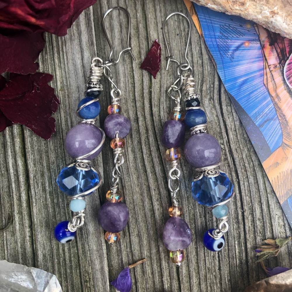 Handmade Evil Eye Lepidolite Angelite Mixed Media Gemstone Earrings